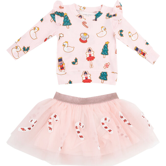 Sugar Plum Fairy Christmas Cookie Ruffle Sweatshirt + Christmas Candy Canes Tutu Skirt, Pink - Mixed Apparel Set - 1
