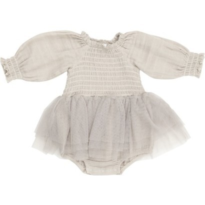 Oatmeal Long Sleeve L/S Smocked Tutu Bubble, Oatmeal - Dresses - 1