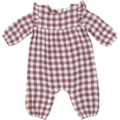 Gingham Plum Ruffle Sleeve Romper, Plum - Rompers - 1