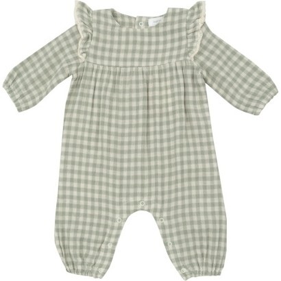Mini Green Gingham Ruffle Sleeve Romper, Green - Rompers - 1