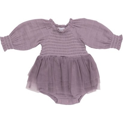 Dusty Lavendar Long Sleeve L/S Smocked Tutu Bubble, Lavender - Dresses - 1