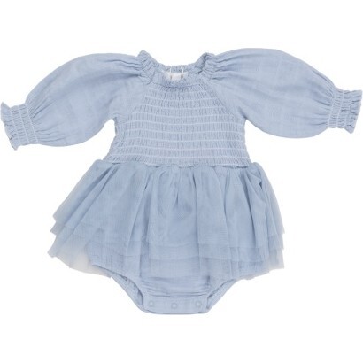 Dusty Blue Long Sleeve L/S Smocked Tutu Bubble, Blue - Dresses - 1