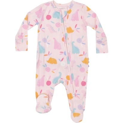Floral Dinos 2 Way Zipper Ruffle Back Footie, Pink - Footie Pajamas - 1