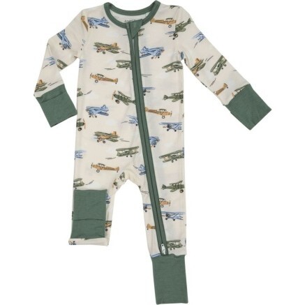 Vintage Airplane 2 Way Zipper Romper, Green Multi - Rompers - 1