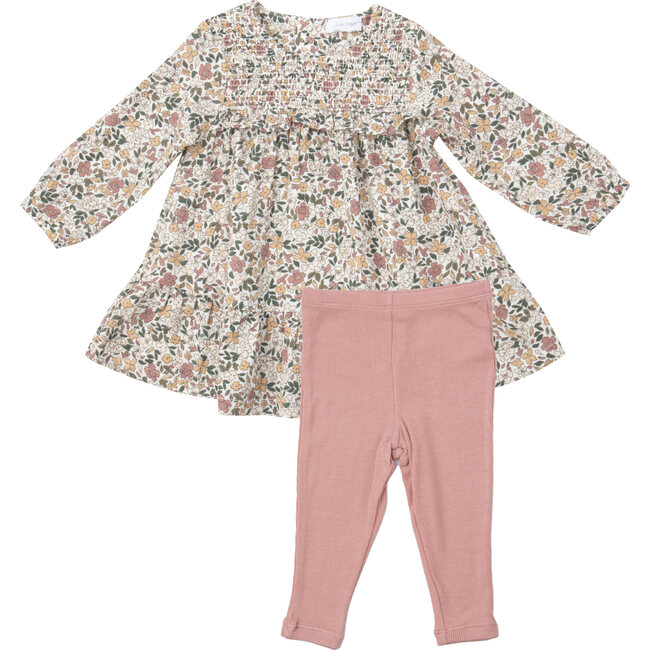 Natural Fall Floral Smocked Ruffle Tiered Dress And Legging, Multi - Mixed Apparel Set - 1