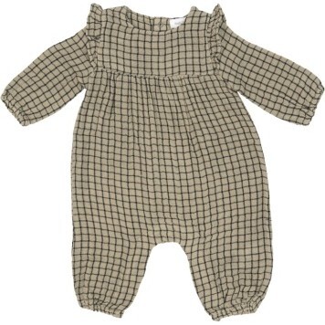 Grid Gingham Green Ruffle Sleeve, Romper, Slate Green - Rompers - 1