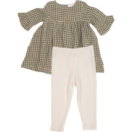 Grid Gingham Green Bell Sleeve, Dress And Legging, Slate Green - Mixed Apparel Set - 1