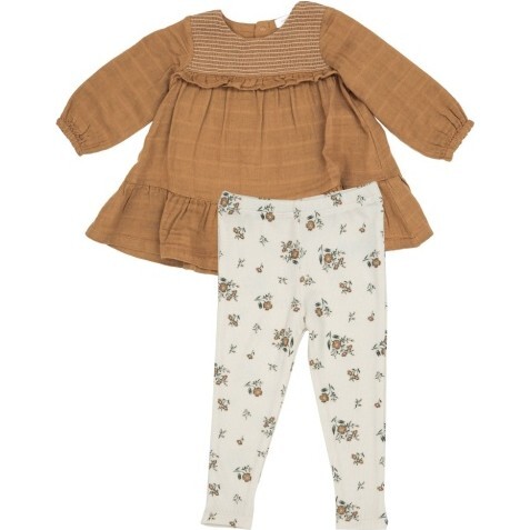 Cashew Solid Smocked Ruffle Dress And Rib Legging, Light Brown - Mixed Apparel Set - 1