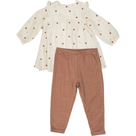 Cashew Polka Dot Shoulder Ruffle Dress And Rib Legging, Cream - Mixed Apparel Set - 1
