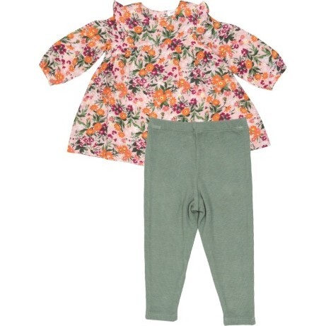 Autumn Days Floral Ruffle Shoulder Dress And Legging, Pink - Mixed Apparel Set - 1