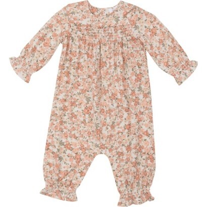 Sweet Rose Calico Smocked Romper, Pink - Rompers - 1
