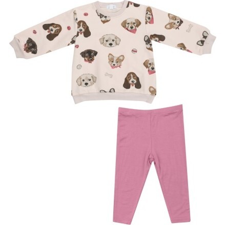 French Terry Pretty Puppy Faces Puffy L/S Oversized Sweatshirt + Legging, Pink - Mixed Apparel Set - 1