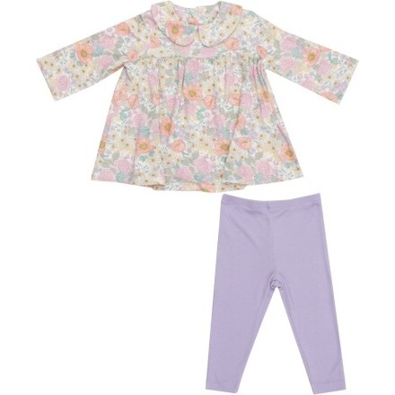 Peonies And Roses Peter Pan Collar Dress With Crochet Trim And Ribbed Leggings, Ivory - Mixed Apparel Set - 1