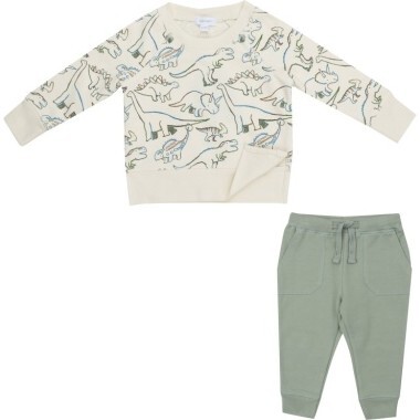 French Terry Artsy Dinos Raglan Sweatshirt And Jogger Set, Green - Mixed Apparel Set - 1