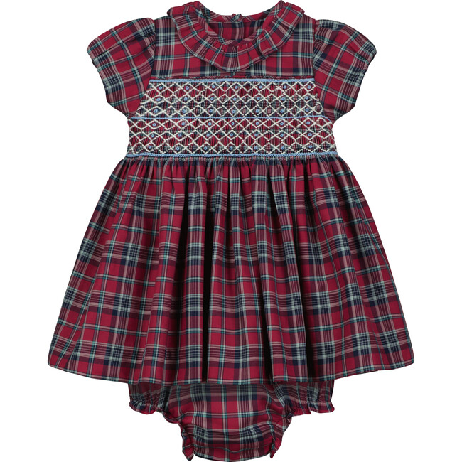 Queen’s Park Hand-Smocked Tartan Baby Dress, Red & Blue