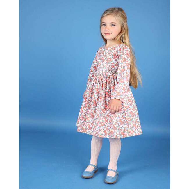 Fern Floral Print Hand-Smocked Dress, Red