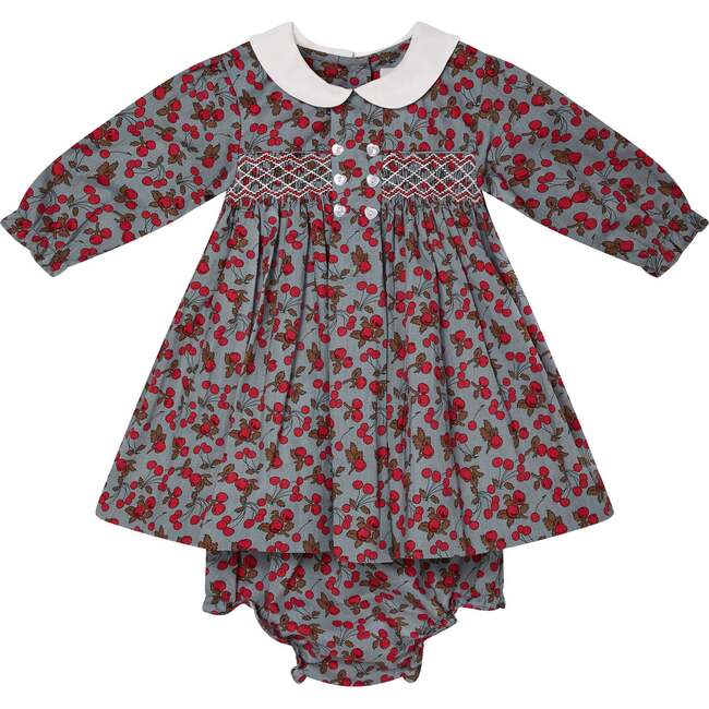 Baby Naida Cherry Print Hand-Smocked Dress, Red & Gray