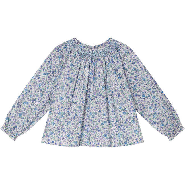 Baby Emma Floral Print Hand-Smocked Long Sleeve Blouse, White & Blue