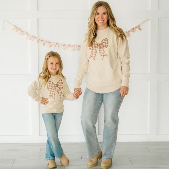 Gingham Bow Patch Sweatshirt, Natural - Sweatshirts - 5
