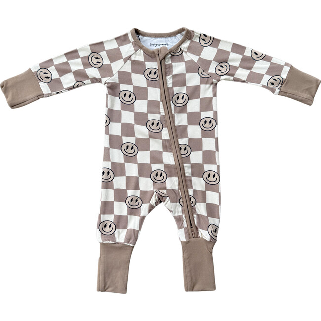 Long Sleeve Zip Romper Smiley Check in Portabella