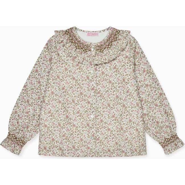Pink Floral Emanuela Long Sleeve Hand-Smocked Girl Shirt