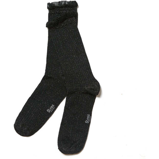 Soft Ruffle Metallic Socks, Black