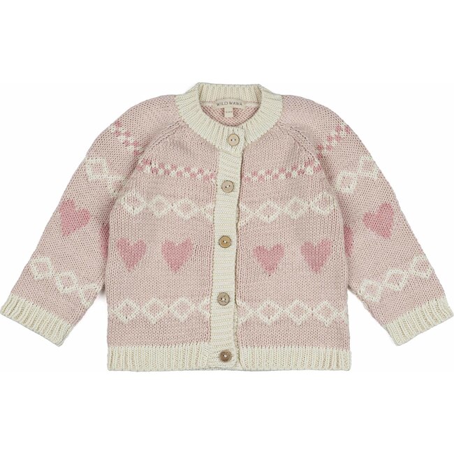 Intarsia Hearts Cardigan, Pink/Ivory - Cardigans - 1