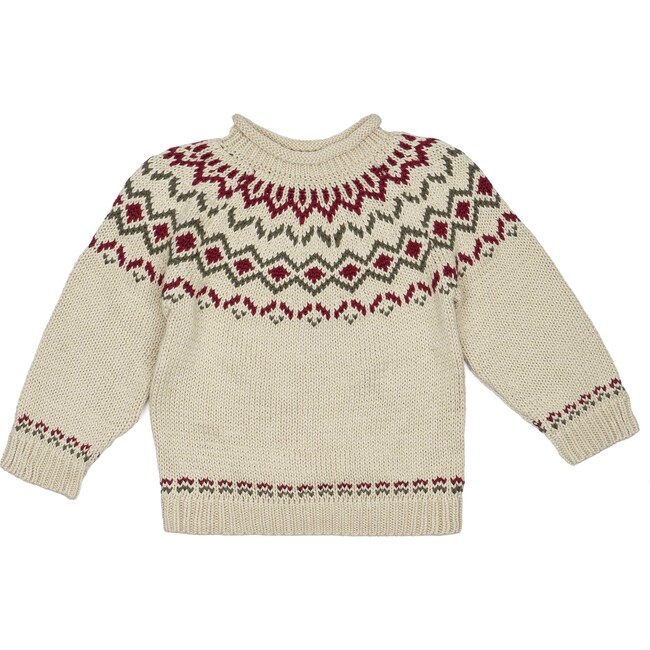 Intarsia Sweater, Taupe/Crimson - Sweaters - 1