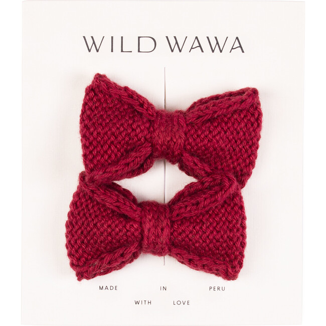 Knitted Bow Clip Set, Crimson - Hair Accessories - 1