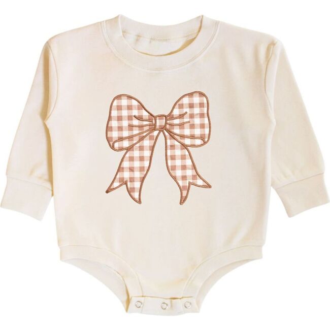 Gingham Bow Patch Long Sleeve Romper, Natural