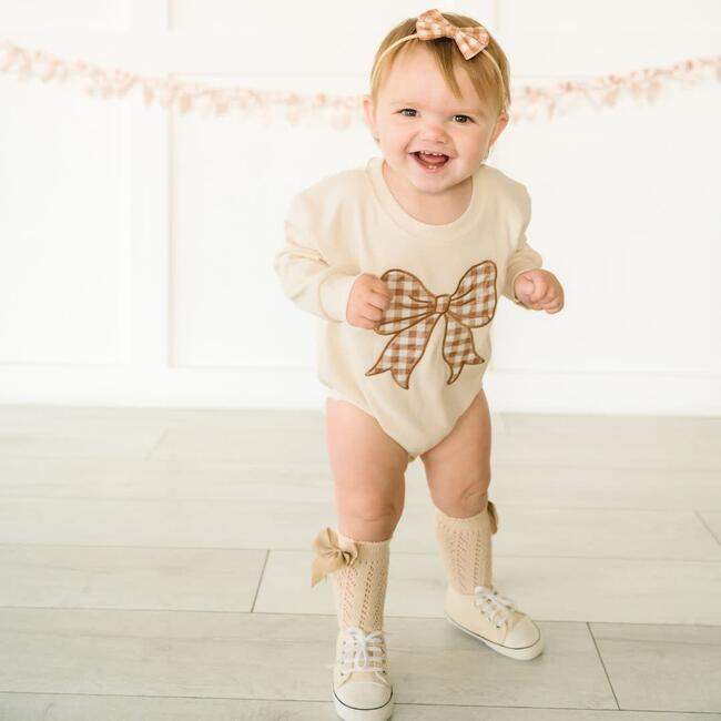 Gingham Bow Patch Long Sleeve Romper, Natural