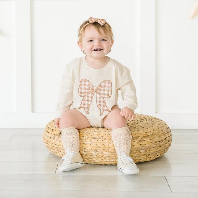 Gingham Bow Patch Long Sleeve Romper, Natural - Rompers - 3