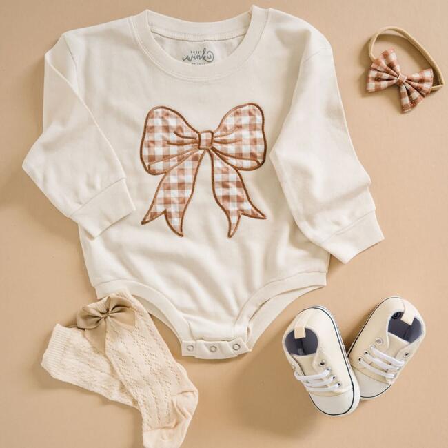 Gingham Bow Patch Long Sleeve Romper, Natural - Rompers - 4