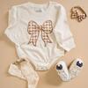 Gingham Bow Patch Long Sleeve Romper, Natural - Rompers - 4