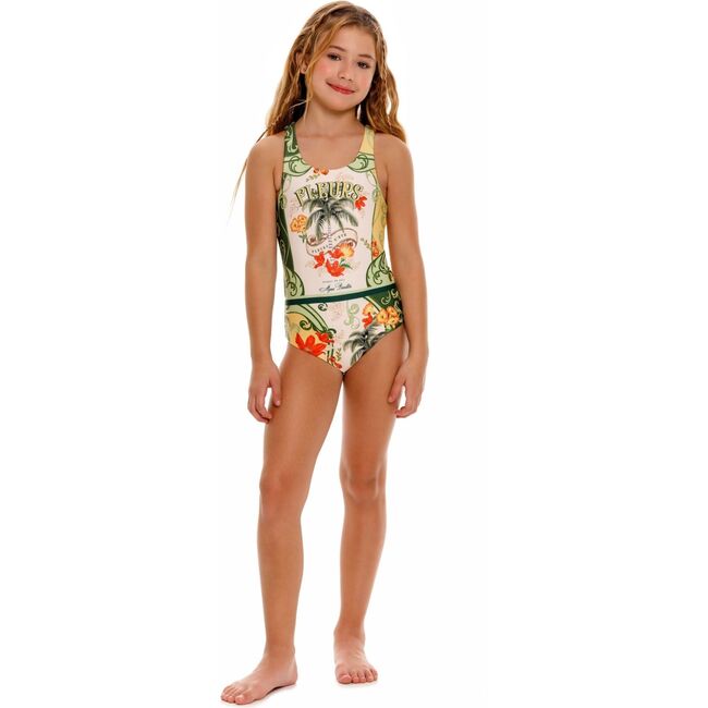 Nate Kids' One Piece Swimsuit, Green/Yellow/White