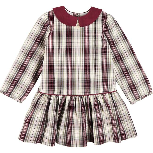 Whittaker Check Long Sleeve Pleated Dress, Burgundy