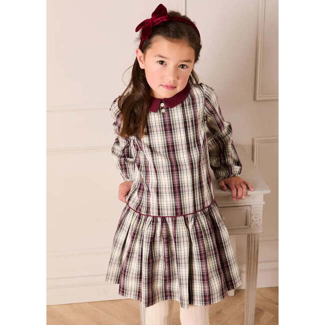 Whittaker Check Long Sleeve Pleated Dress, Burgundy - Dresses - 2