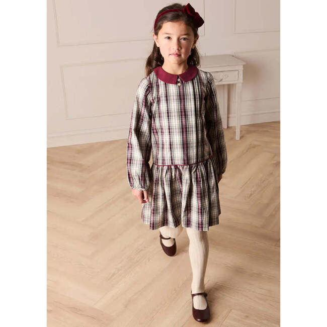 Whittaker Check Long Sleeve Pleated Dress, Burgundy - Dresses - 3
