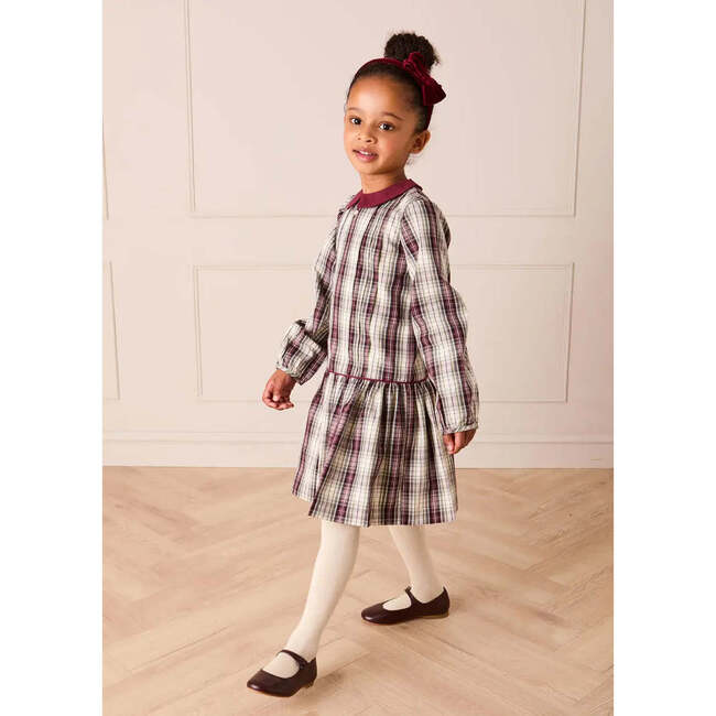 Whittaker Check Long Sleeve Pleated Dress, Burgundy - Dresses - 5