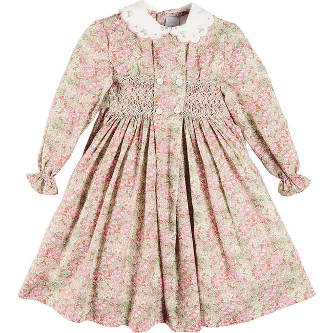 Viola Floral Hand Smocked Double Breasted Embroidered Collar Dress, Green