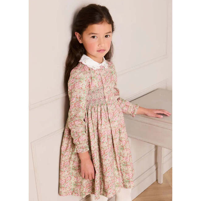 Viola Floral Hand Smocked Double Breasted Embroidered Collar Dress, Green - Dresses - 2