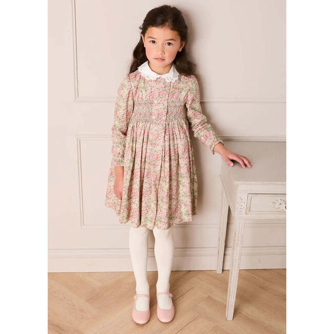 Viola Floral Hand Smocked Double Breasted Embroidered Collar Dress, Green - Dresses - 3