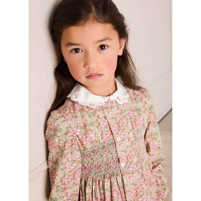 Viola Floral Hand Smocked Double Breasted Embroidered Collar Dress, Green - Dresses - 4