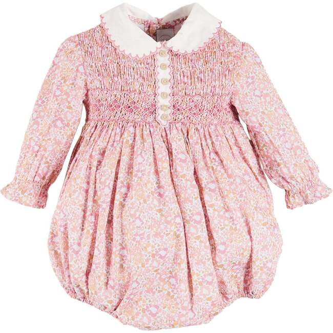 Nellie Floral Hand Smocked Long Sleeve Romper, Pink