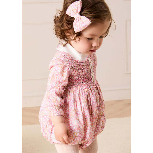 Nellie Floral Hand Smocked Long Sleeve Romper, Pink - Rompers - 2