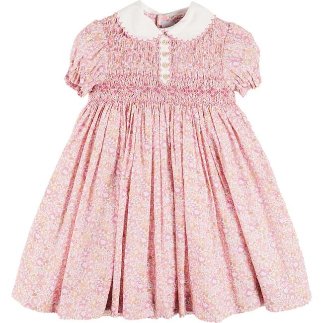 Nellie Floral Hand Smocked Embroidered Peter Pan Collar Dress, Pink