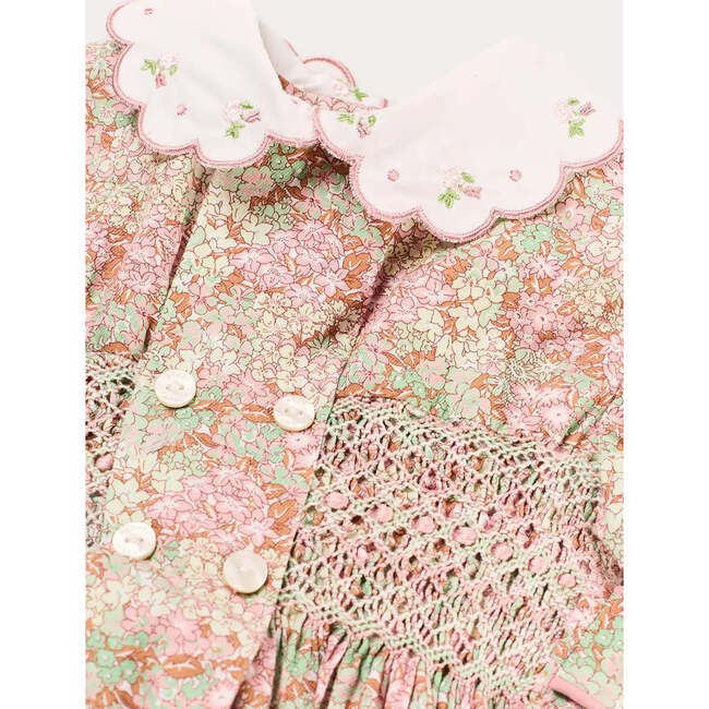 Viola Floral Hand Smocked Double Breasted Embroidered Collar Dress, Green - Dresses - 6