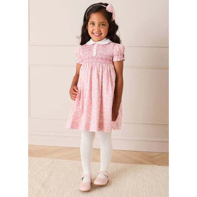 Nellie Floral Hand Smocked Embroidered Peter Pan Collar Dress, Pink - Dresses - 2