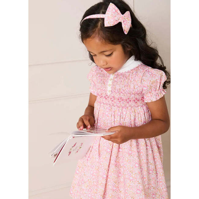 Nellie Floral Hand Smocked Embroidered Peter Pan Collar Dress, Pink - Dresses - 3