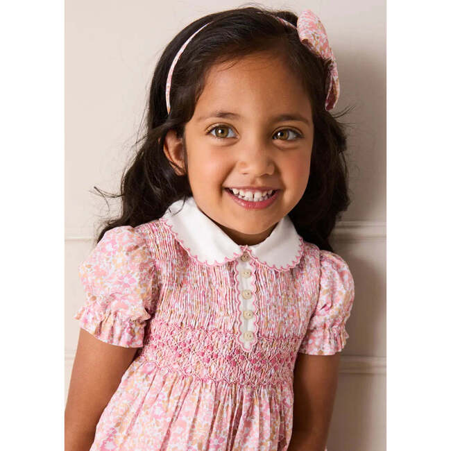 Nellie Floral Hand Smocked Embroidered Peter Pan Collar Dress, Pink - Dresses - 4